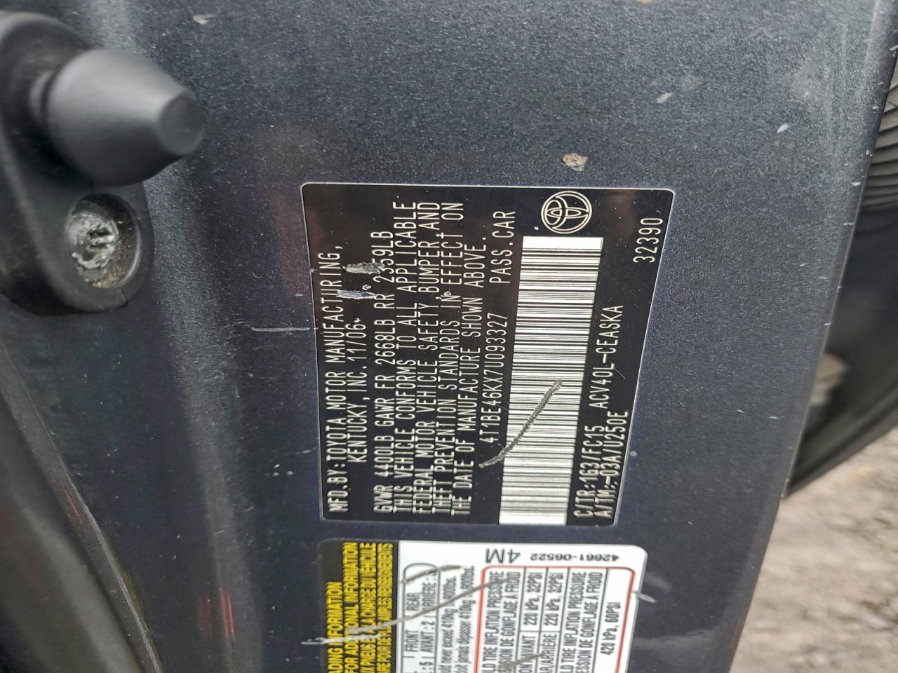 2007 Toyota Camry Ce VIN: 4T1BE46KX7U093327 Lot: 94210195