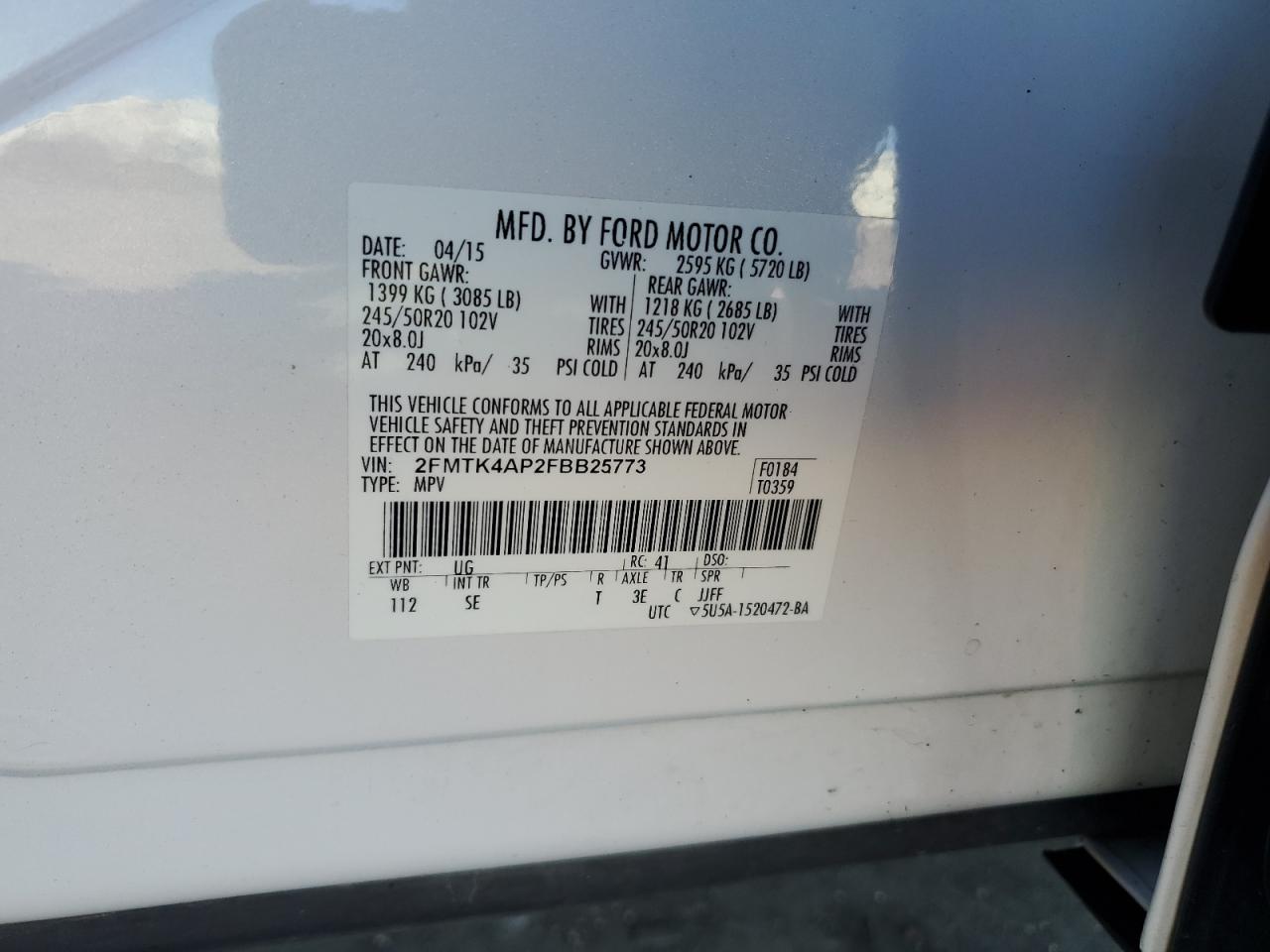 2015 Ford Edge Sport VIN: 2FMTK4AP2FBB25773 Lot: 93130225