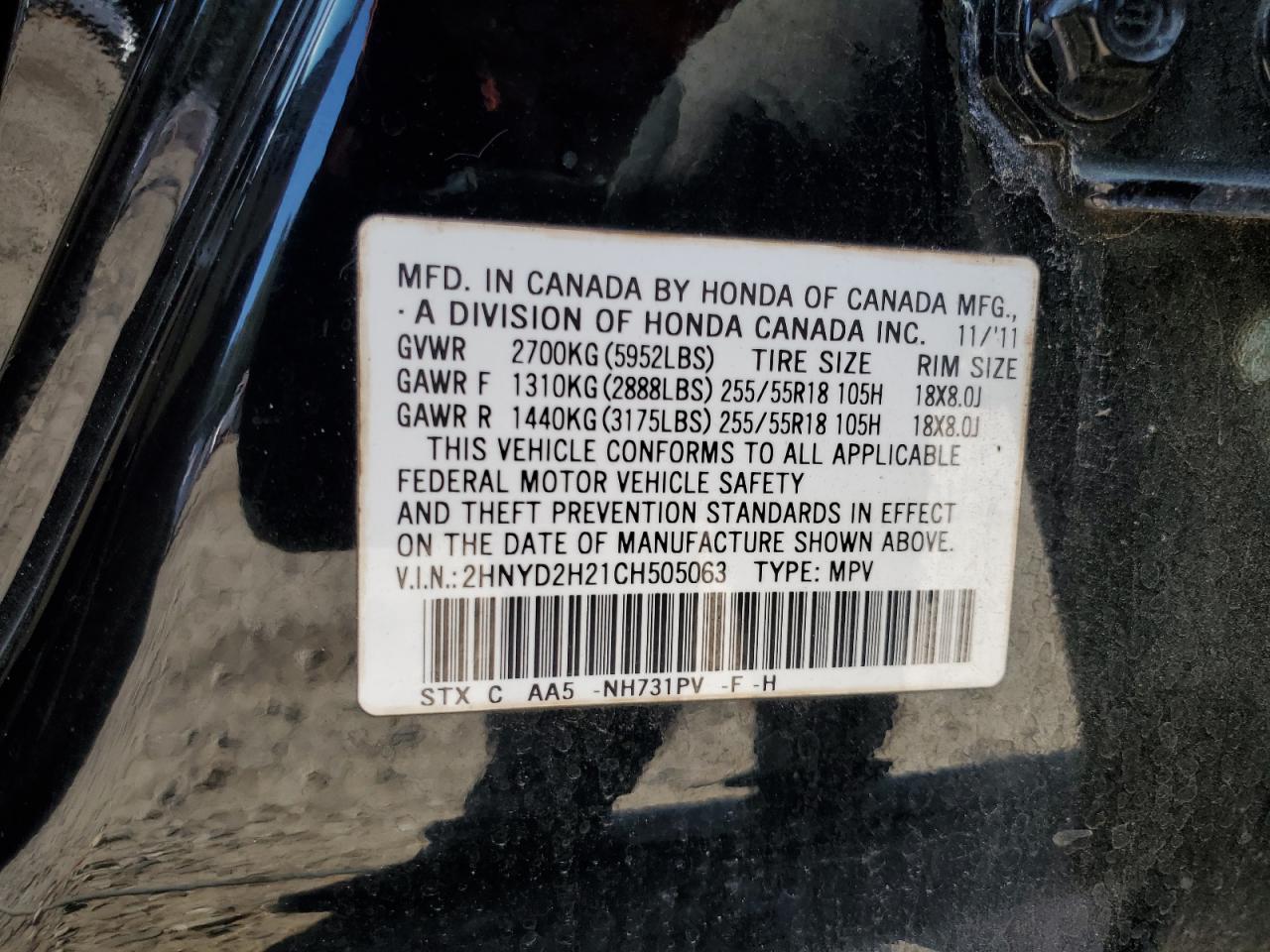 2012 Acura Mdx VIN: 2HNYD2H21CH505063 Lot: 92166715