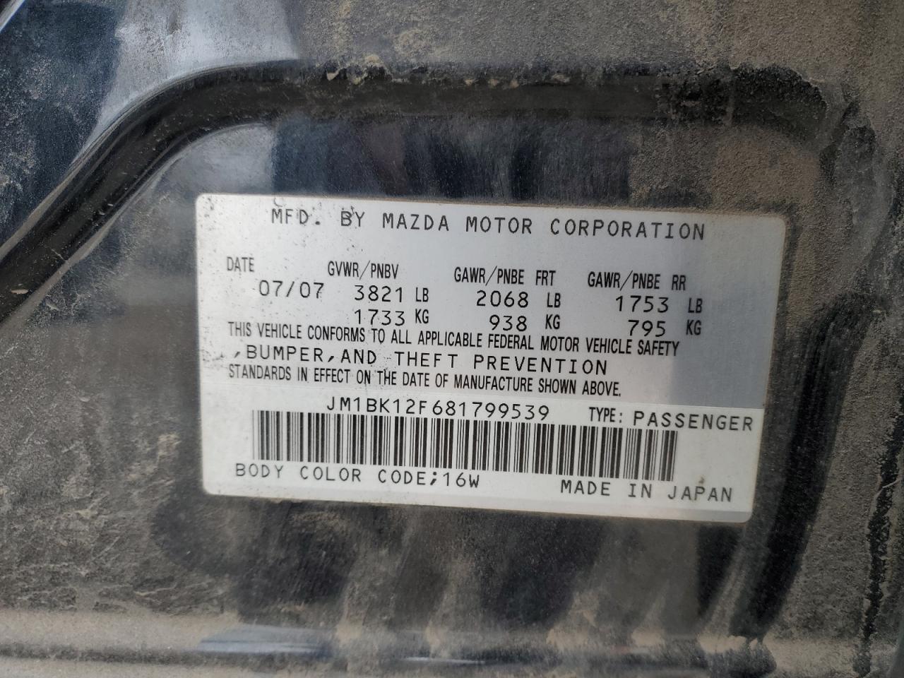 2008 Mazda 3 I VIN: JM1BK12F681799539 Lot: 93746145