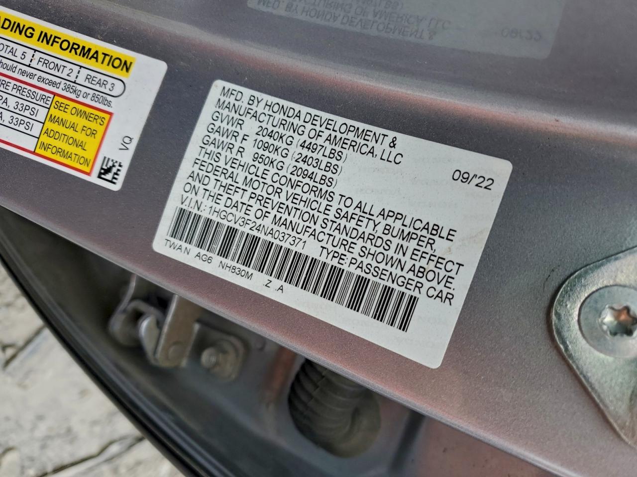 2022 Honda Accord Hybrid Sport VIN: 1HGCV3F24NA037371 Lot: 94060855