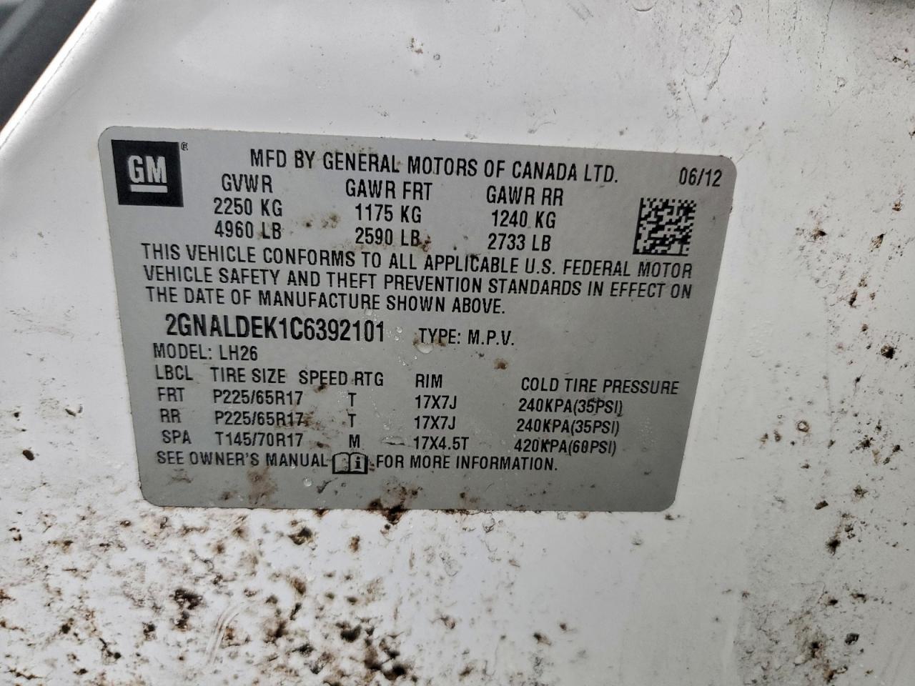 2012 Chevrolet Equinox Lt VIN: 2GNALDEK1C6392101 Lot: 94165325