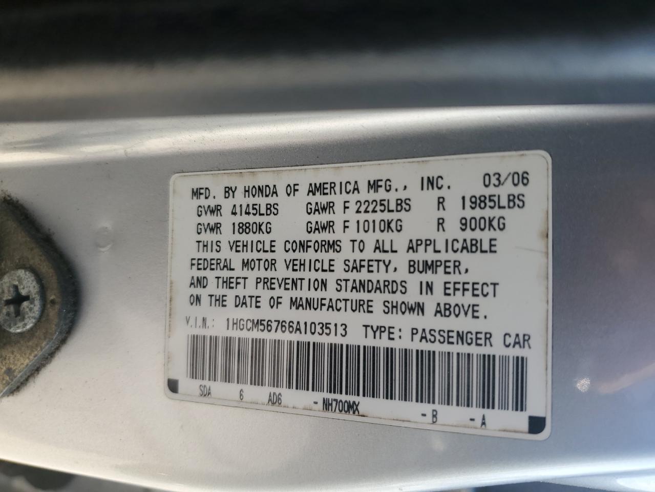 2006 Honda Accord Ex VIN: 1HGCM56766A103513 Lot: 93184645