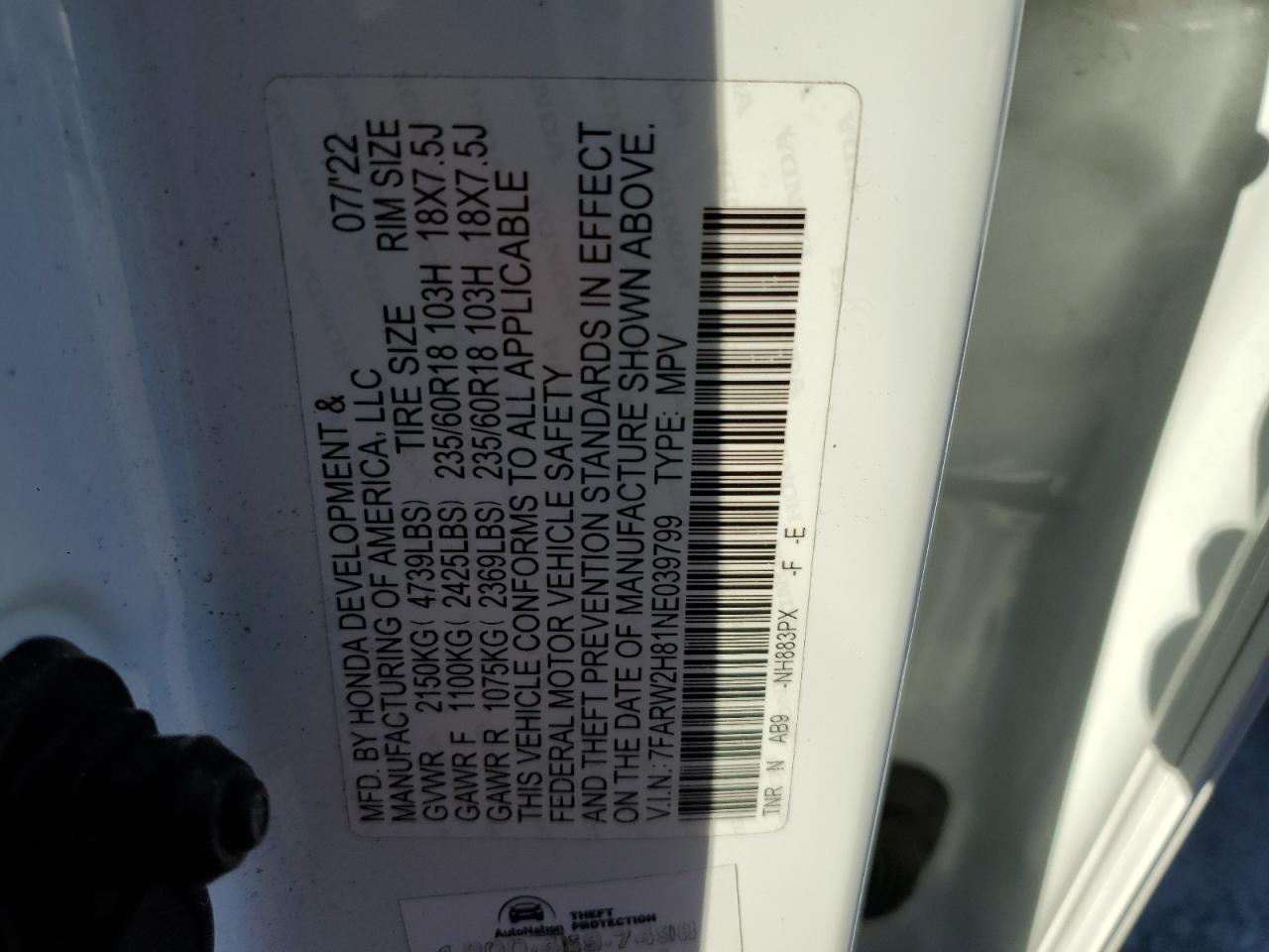 2022 Honda Cr-V Exl VIN: 7FARW2H81NE039799 Lot: 91240605