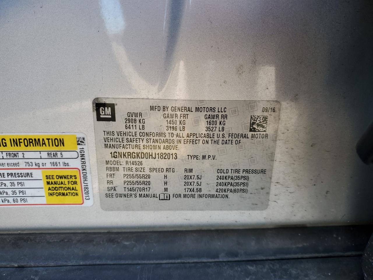 2017 Chevrolet Traverse Lt VIN: 1GNKRGKD0HJ182013 Lot: 92585645