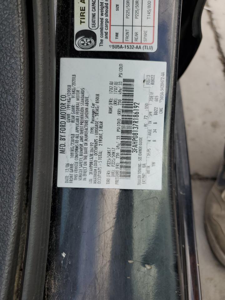 2007 Ford Fusion Sel VIN: 3FAHP08137R186192 Lot: 90448355