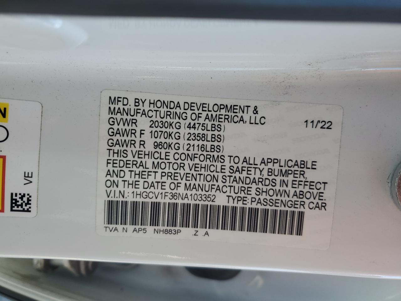 2022 Honda Accord Sport VIN: 1HGCV1F36NA103352 Lot: 93663065