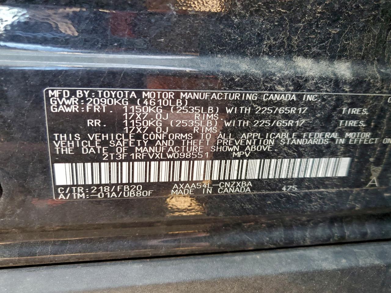 2020 Toyota Rav4 Le VIN: 2T3F1RFVXLW098551 Lot: 94597235