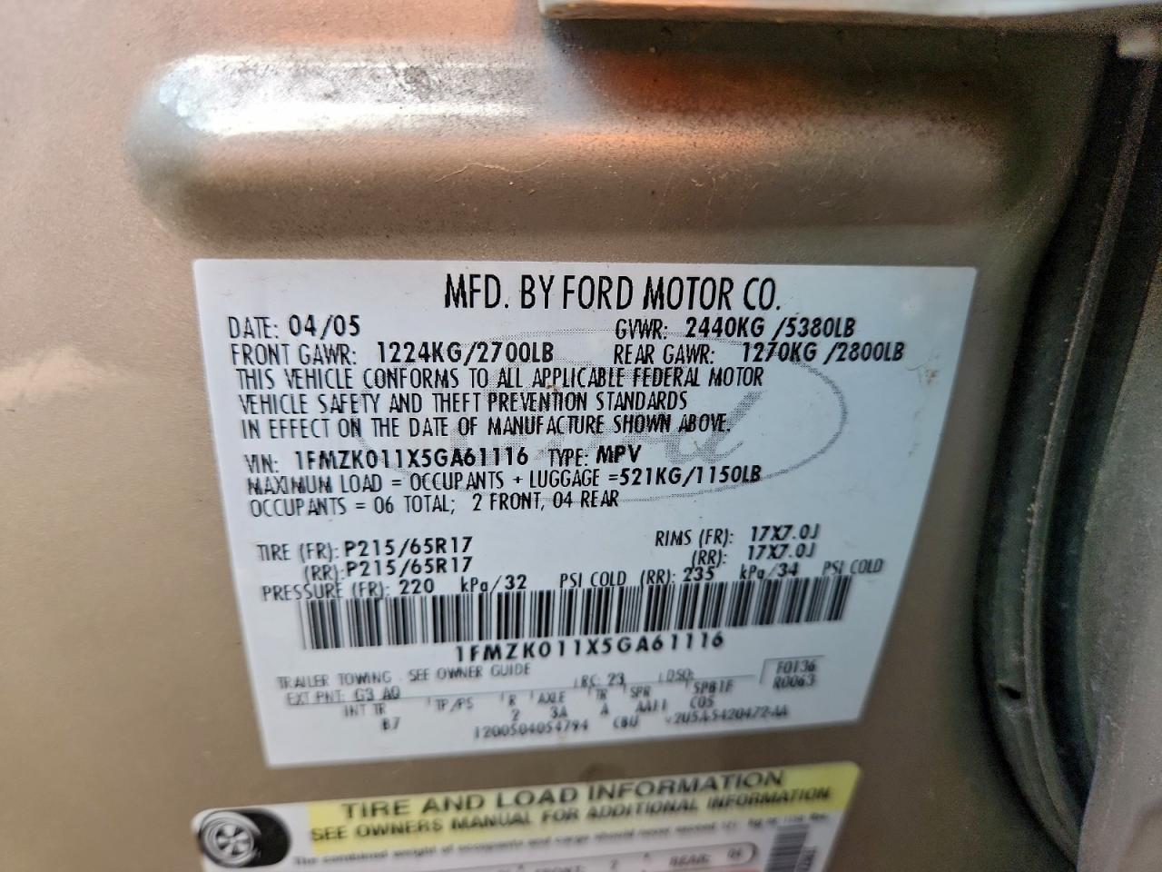 2005 Ford Freestyle Se VIN: 1FMZK011X5GA61116 Lot: 93760775