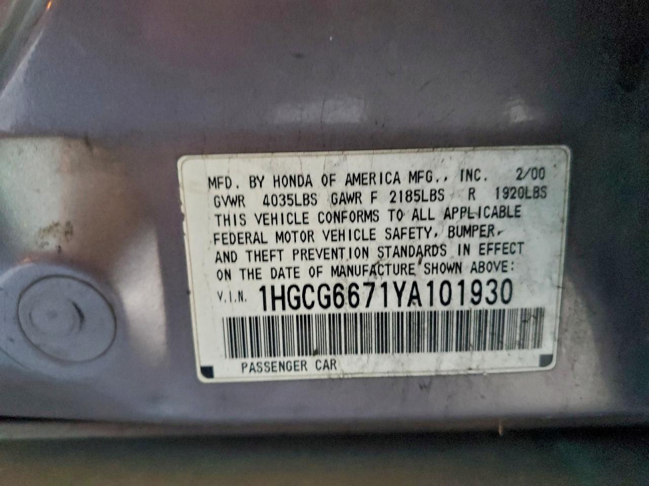 2000 Honda Accord Ex VIN: 1HGCG6671YA101930 Lot: 94525735