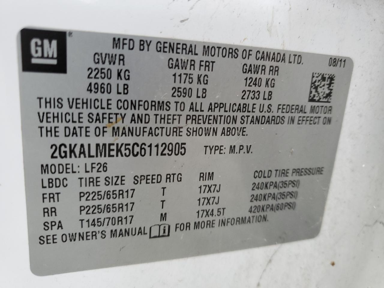 2012 GMC Terrain Sle VIN: 2GKALMEK5C6112905 Lot: 93605615