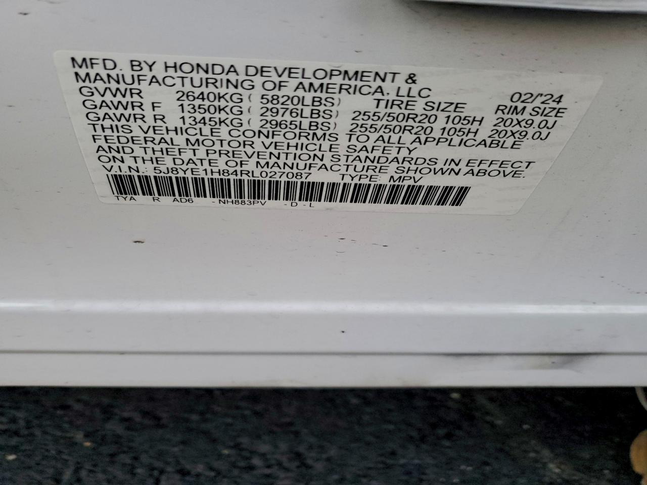 2024 Acura Mdx Advance VIN: 5J8YE1H84RL027087 Lot: 94297685