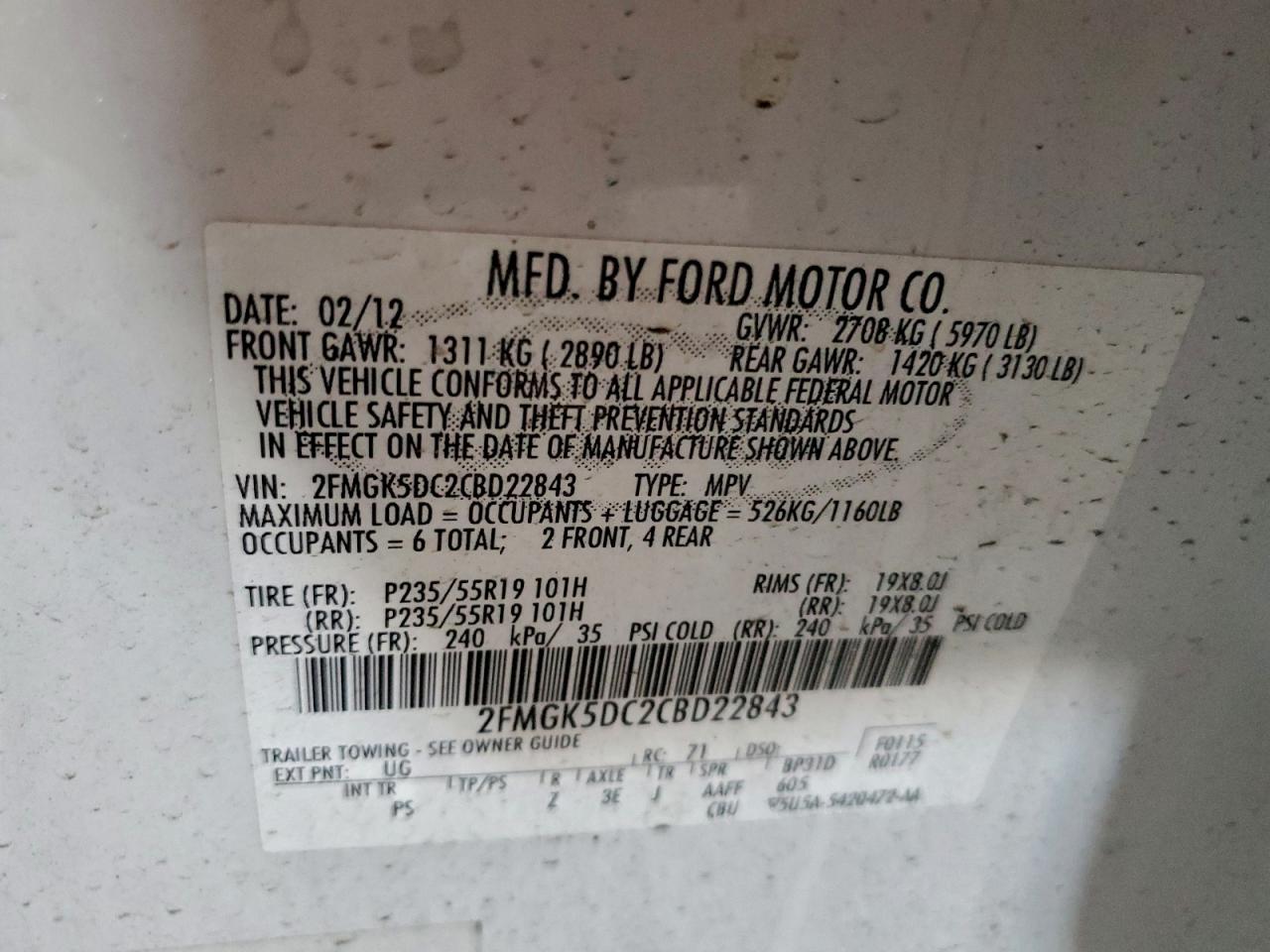 2012 Ford Flex Limited VIN: 2FMGK5DC2CBD22843 Lot: 94170665