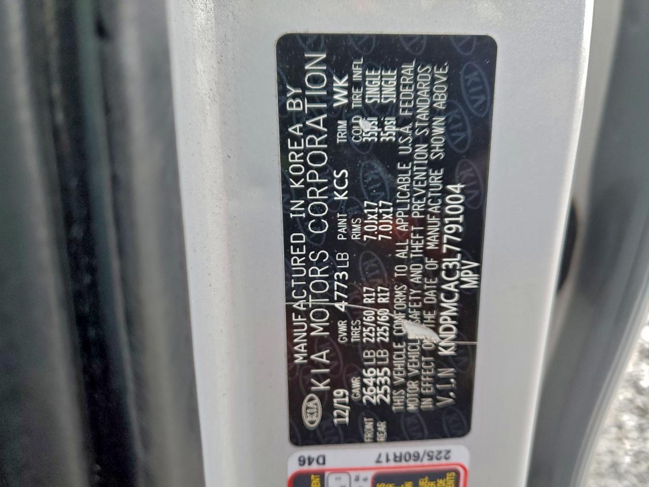 2020 Kia Sportage Lx VIN: KNDPMCAC3L7791004 Lot: 92396395