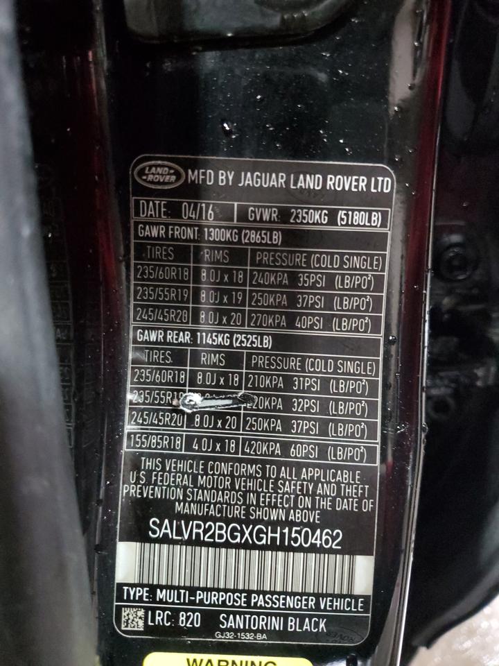 2016 Land Rover Range Rover Evoque Hse VIN: SALVR2BGXGH150462 Lot: 93856555