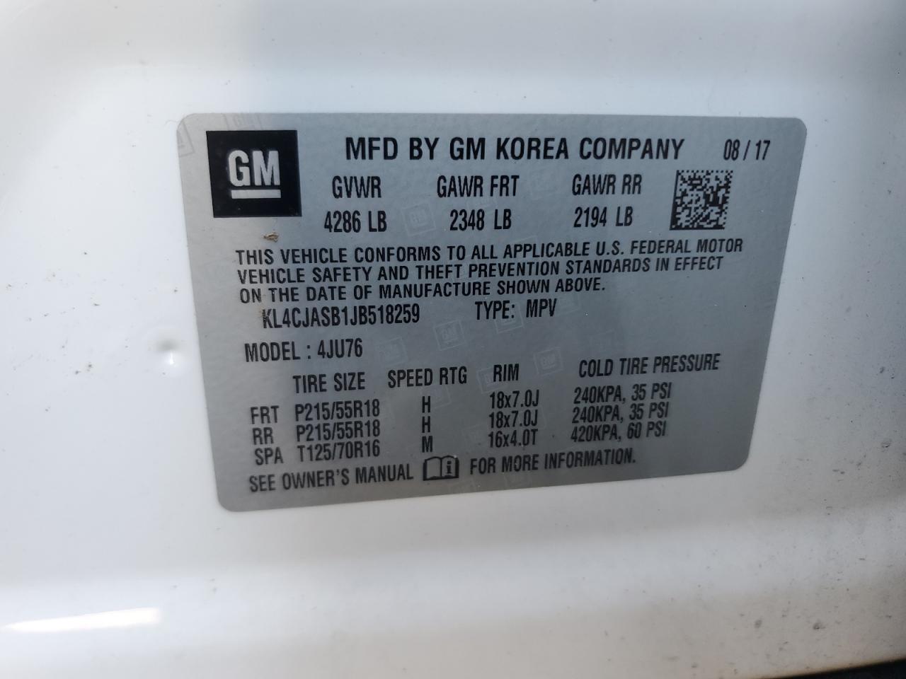 2018 Buick Encore Preferred VIN: KL4CJASB1JB518259 Lot: 93171045