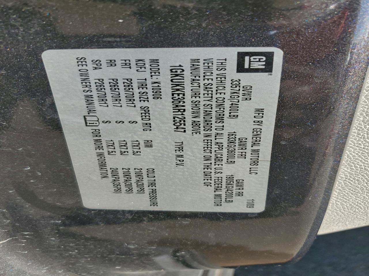 2010 GMC Yukon Xl K1500 Slt VIN: 1GKUKKE36AR125547 Lot: 93834555