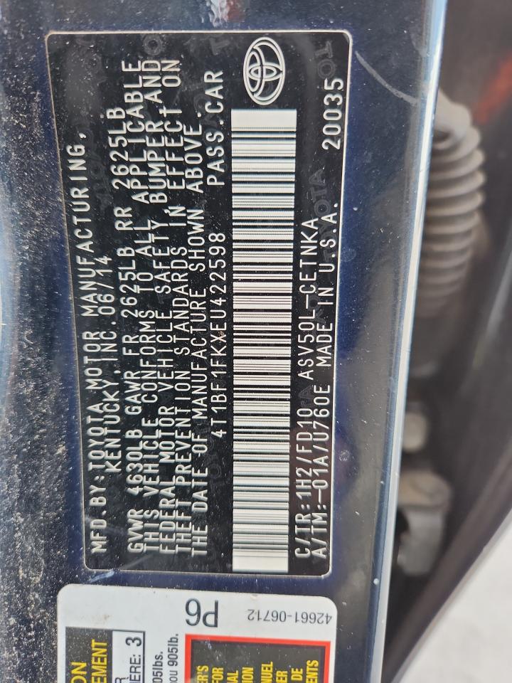 2014 Toyota Camry L VIN: 4T1BF1FKXEU422598 Lot: 92062675