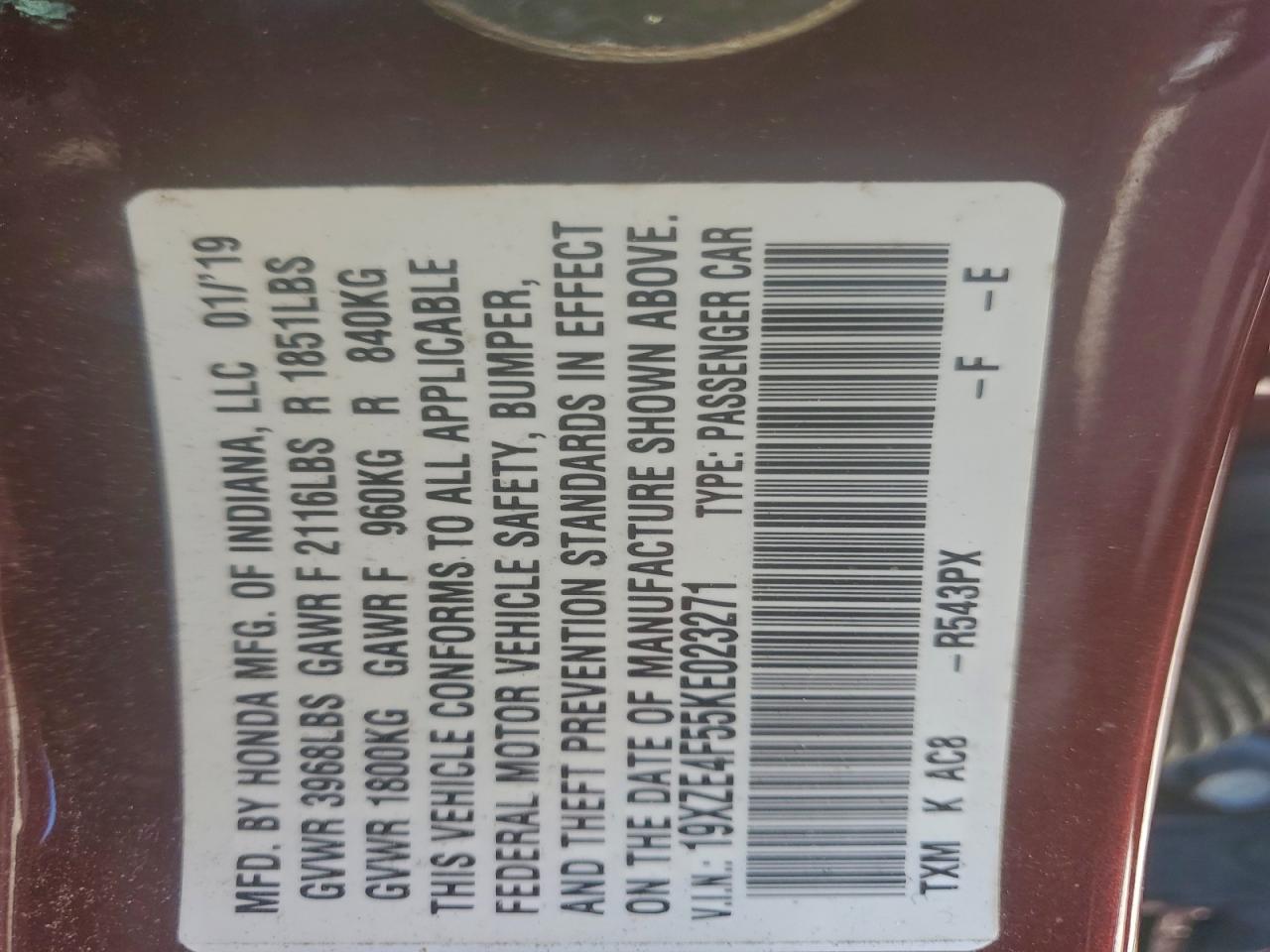 2019 Honda Insight Ex VIN: 19XZE4F55KE023271 Lot: 93087175