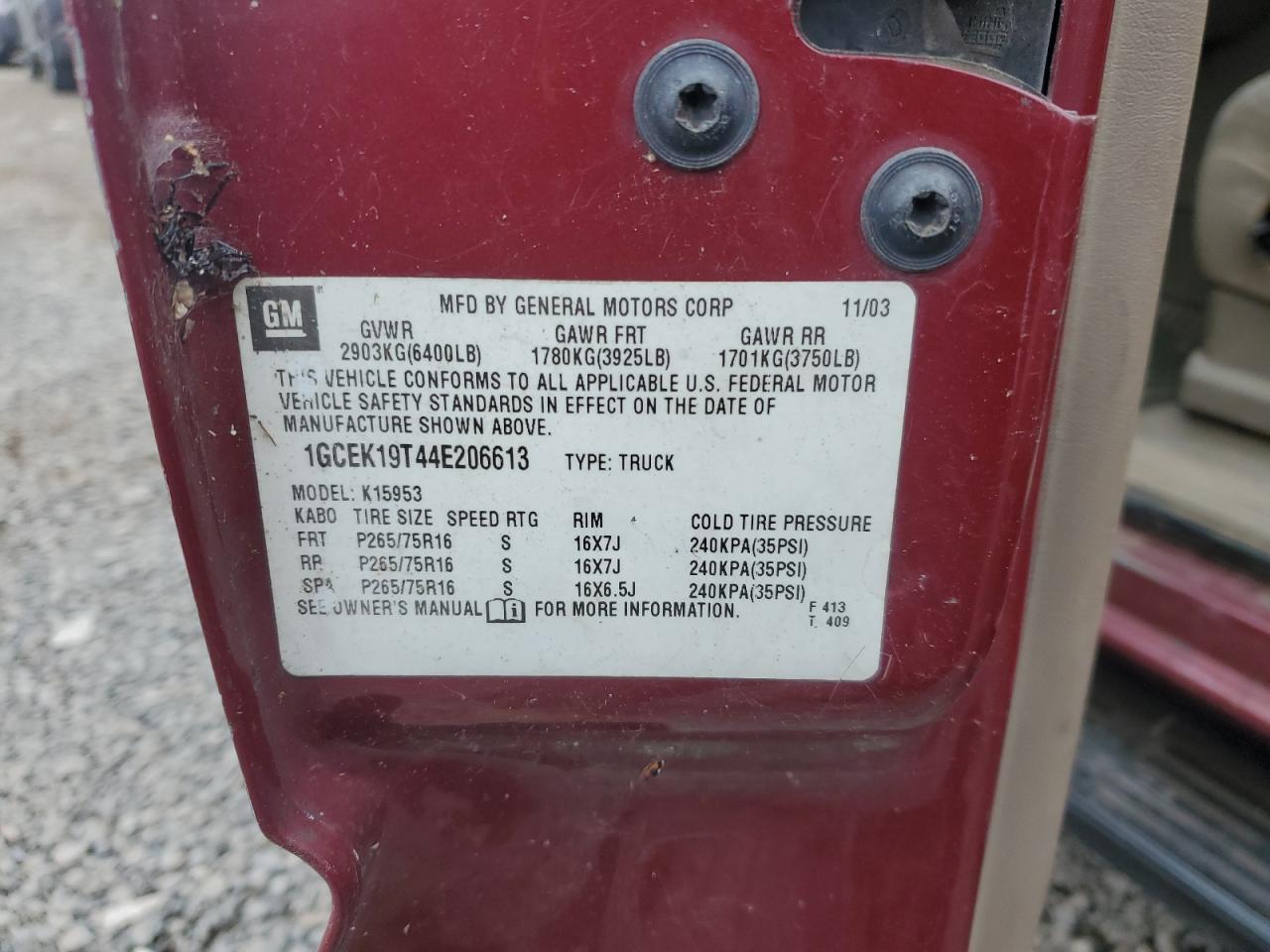 2004 Chevrolet Silverado K1500 VIN: 1GCEK19T44E206613 Lot: 91889385