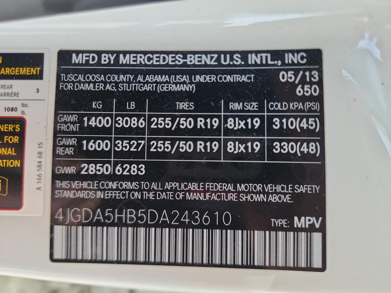 2013 Mercedes-Benz Ml 350 4Matic VIN: 4JGDA5HB5DA243610 Lot: 93489265