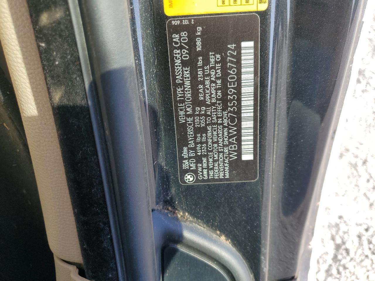 2009 BMW 335 Xi VIN: WBAWC73539E067724 Lot: 91019255