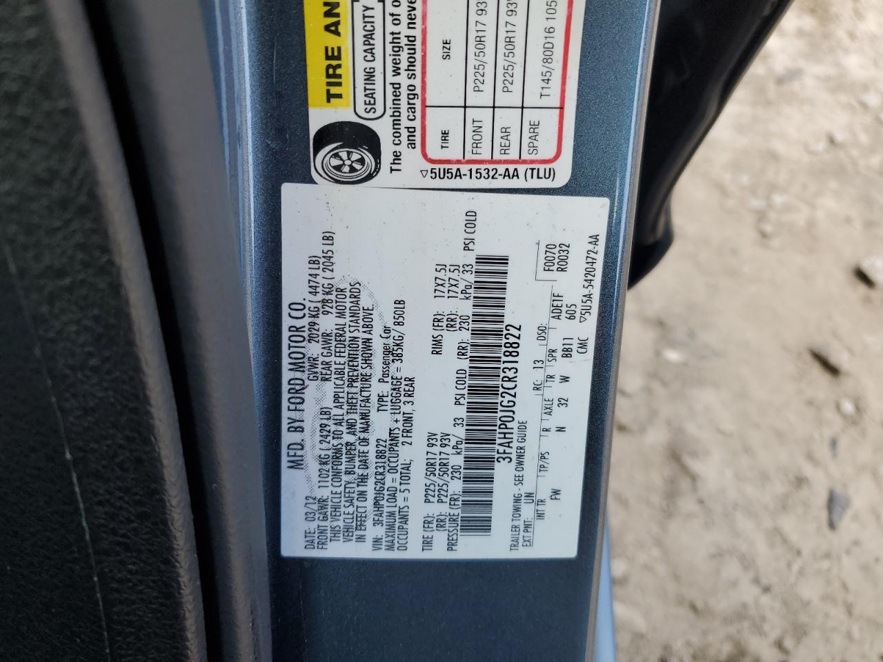 2012 Ford Fusion Sel VIN: 3FAHP0JG2CR318822 Lot: 90882725