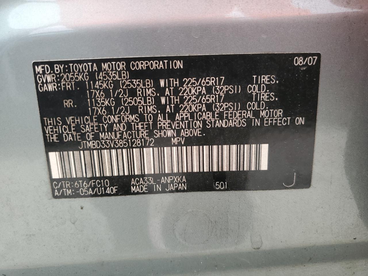 2008 Toyota Rav4 VIN: JTMBD33V385128172 Lot: 91649185