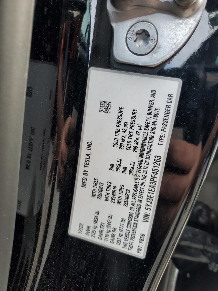 2023 Tesla Model 3 VIN: 5YJ3E1EA3PF451263 Lot: 91381045