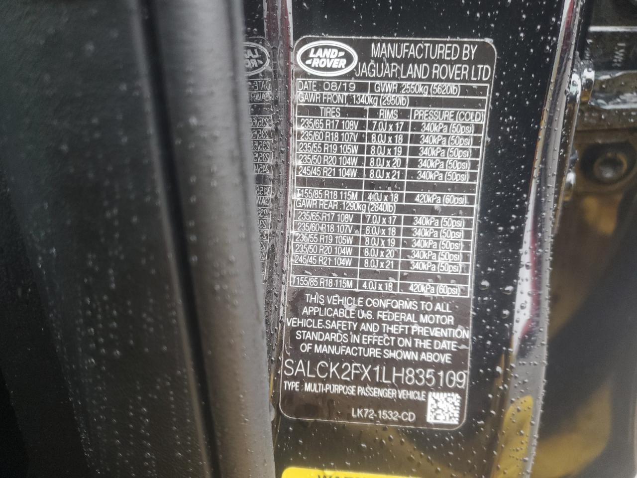 2020 Land Rover Discovery Sport VIN: SALCK2FX1LH835109 Lot: 93104465