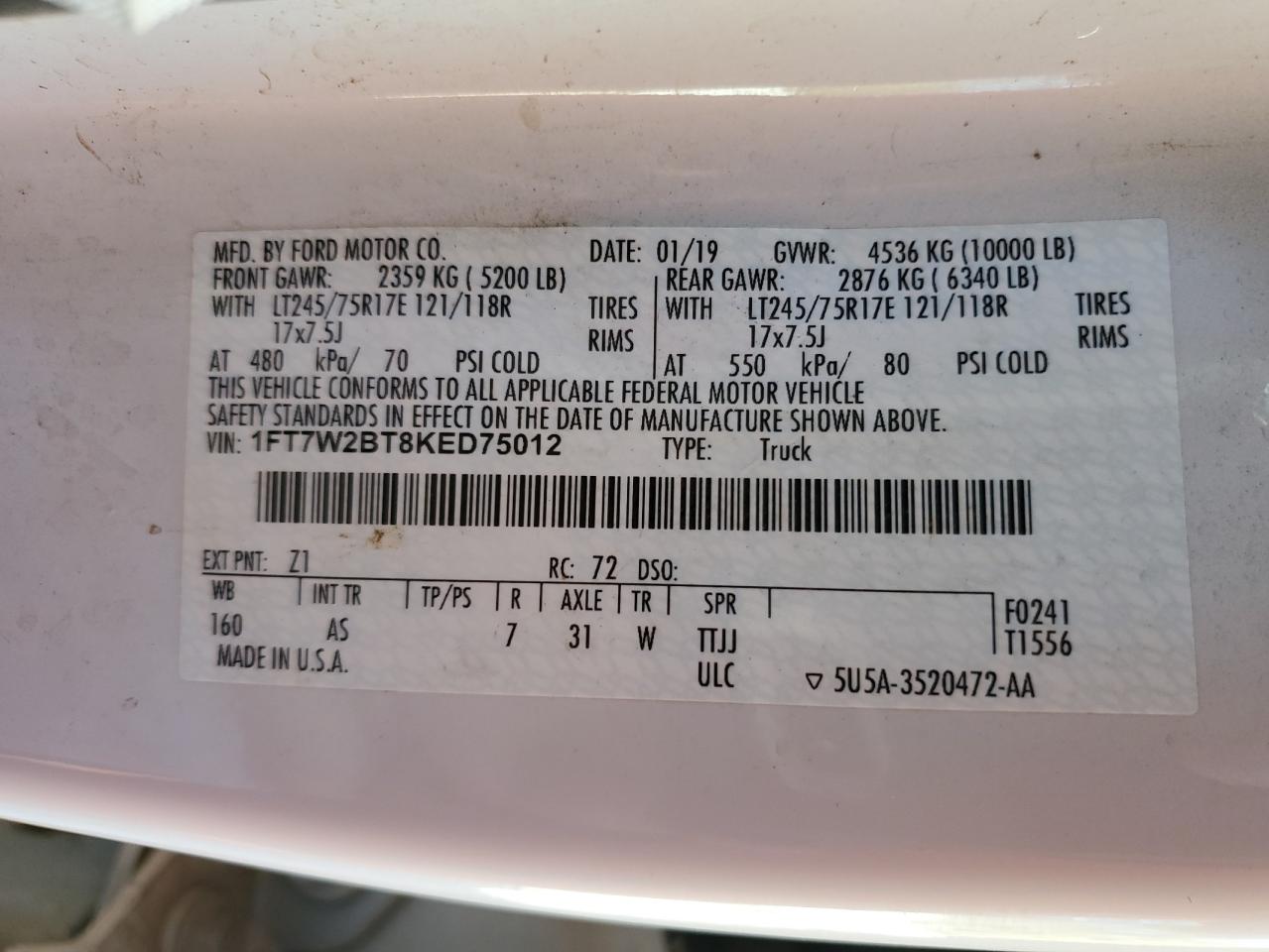 2019 Ford F250 Super Duty VIN: 1FT7W2BT8KED75012 Lot: 93003015