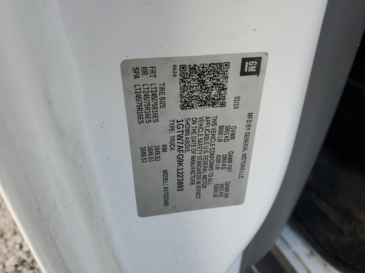 2019 GMC Savana G2500 VIN: 1GTW7AFG9K1223893 Lot: 92226045