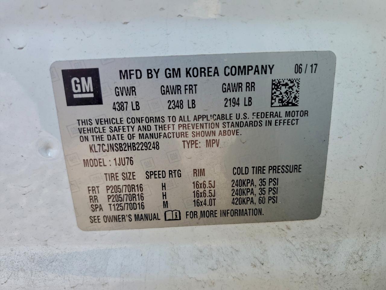 2017 Chevrolet Trax Ls VIN: KL7CJNSB2HB229248 Lot: 93679795