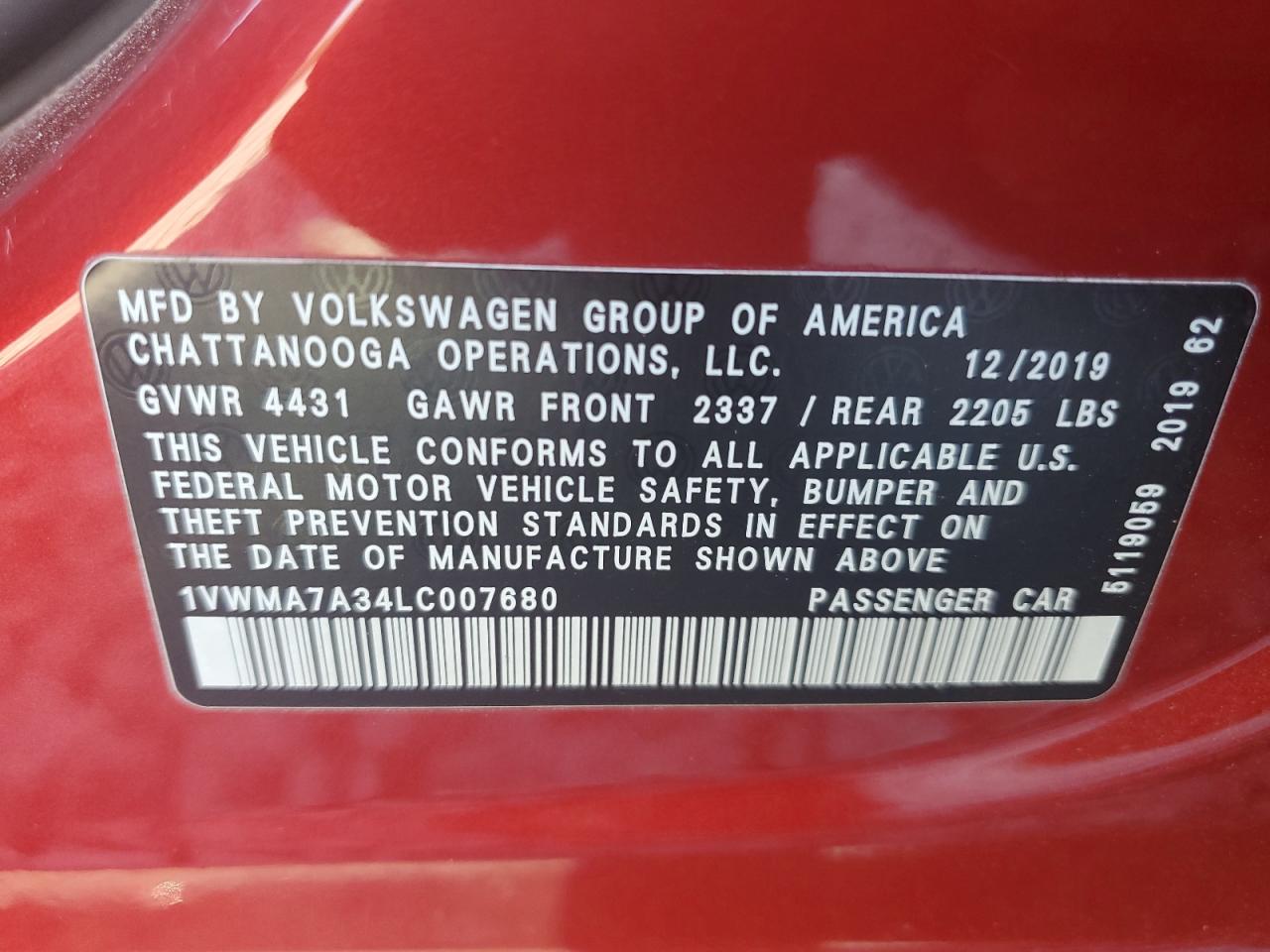 2020 Volkswagen Passat R-Line VIN: 1VWMA7A34LC007680 Lot: 92051145