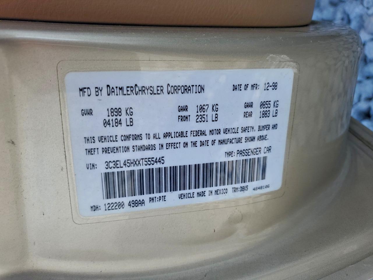 1999 Chrysler Sebring Jx VIN: 3C3EL45HXXT555445 Lot: 94552585