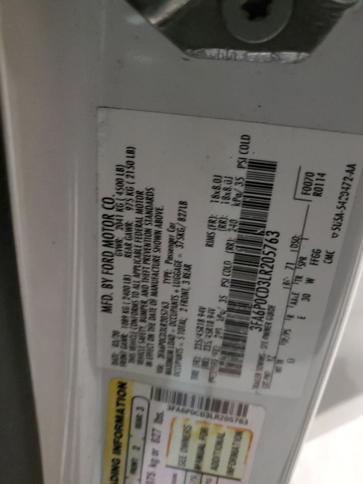 2020 Ford Fusion Sel VIN: 3FA6P0CD3LR205763 Lot: 91670755