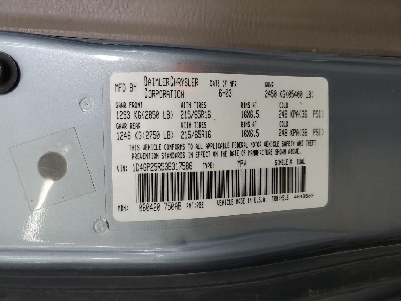 2003 Dodge Caravan Se VIN: 1D4GP25R53B317586 Lot: 91703195