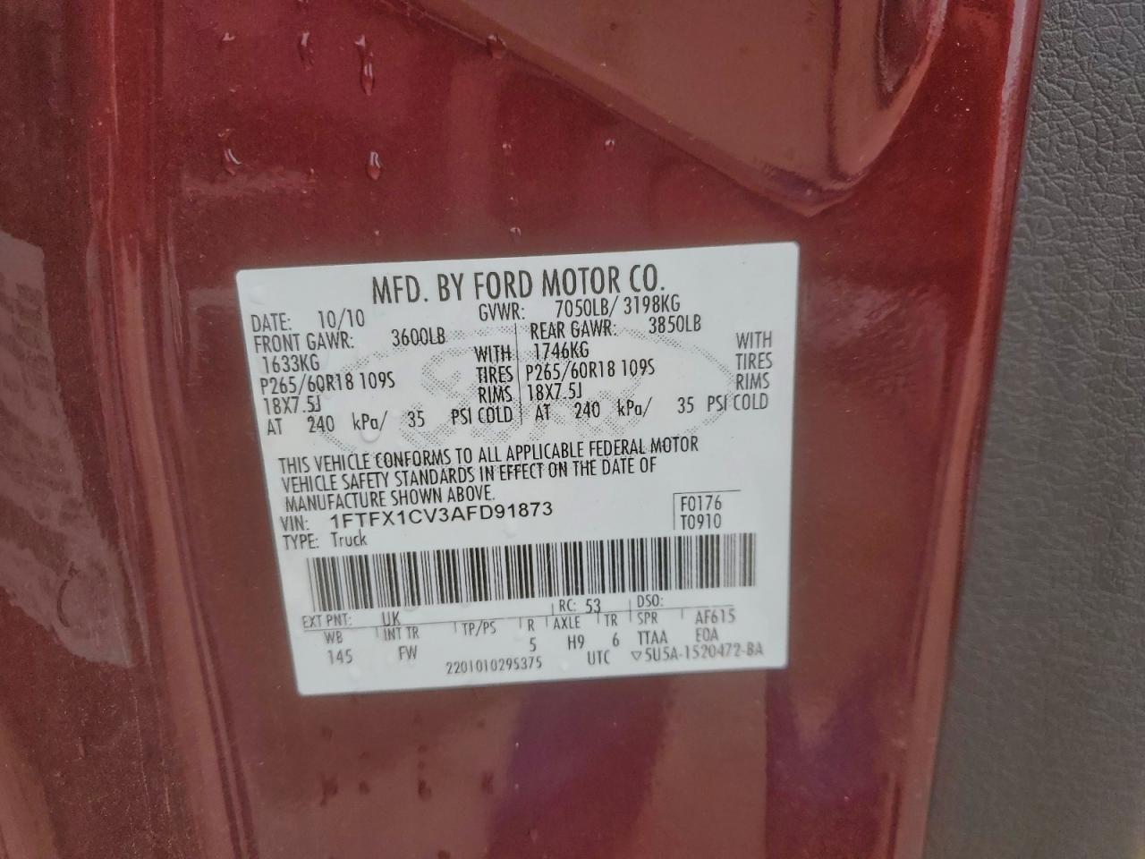 2010 Ford F150 Super Cab VIN: 1FTFX1CV3AFD91873 Lot: 94268905