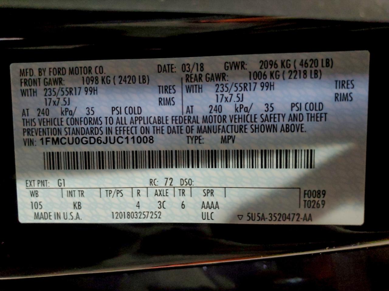 2018 Ford Escape Se VIN: 1FMCU0GD6JUC11008 Lot: 94286475