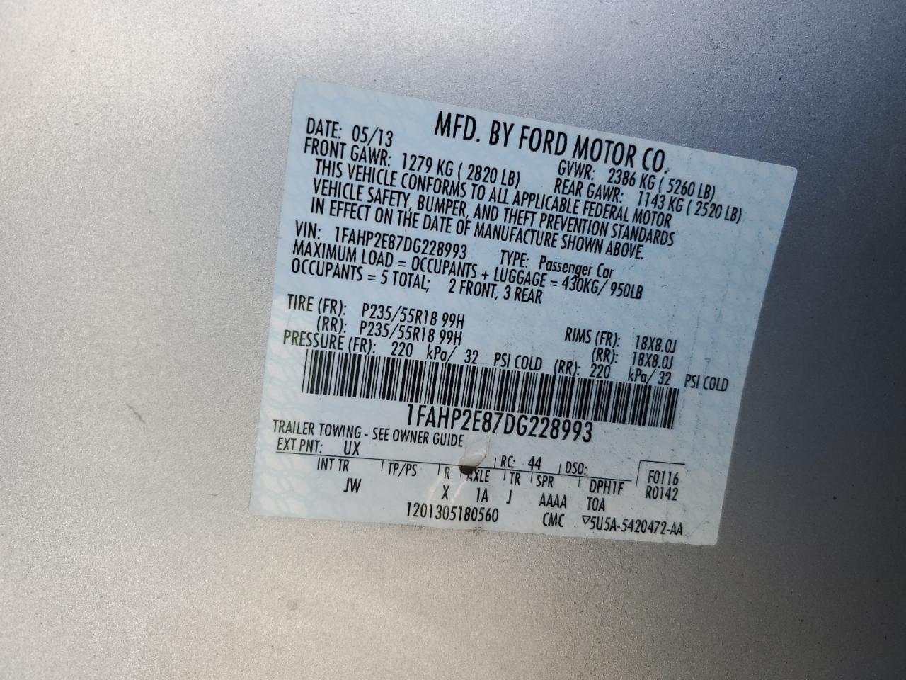 2013 Ford Taurus Sel VIN: 1FAHP2E87DG228993 Lot: 92415415