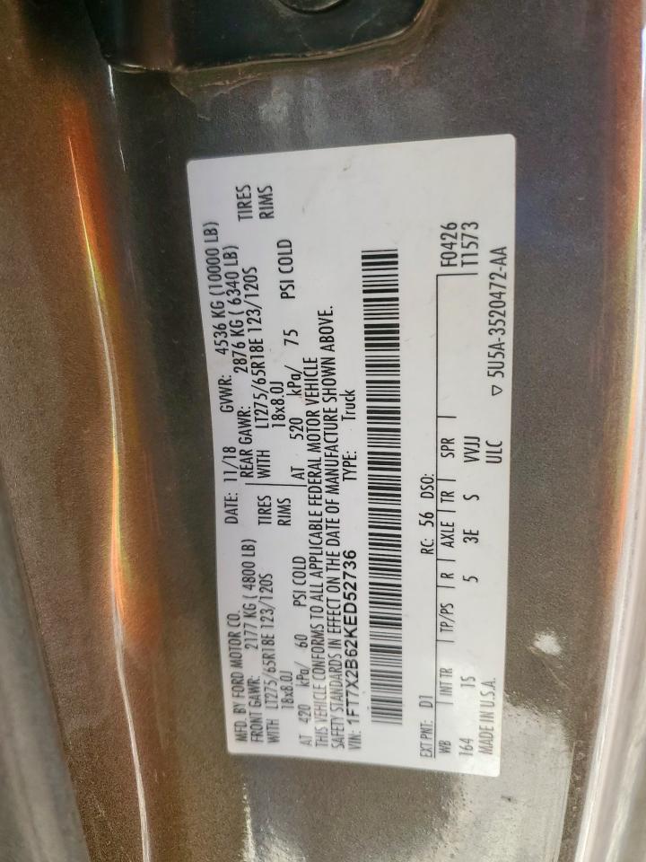 2019 Ford F250 Super Duty VIN: 1FT7X2B62KED52736 Lot: 92912755