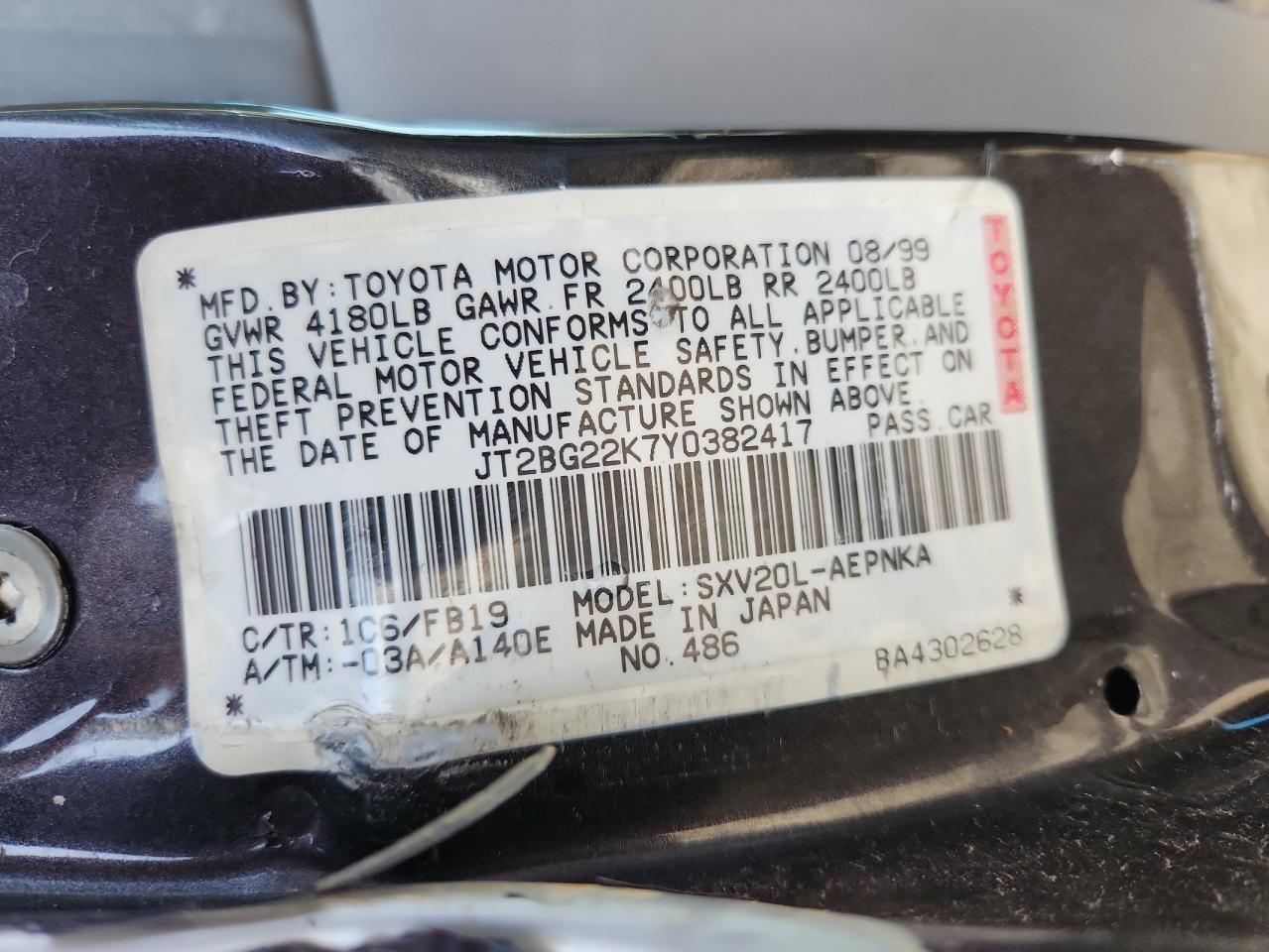 2000 Toyota Camry Ce VIN: JT2BG22K7Y0382417 Lot: 91359105