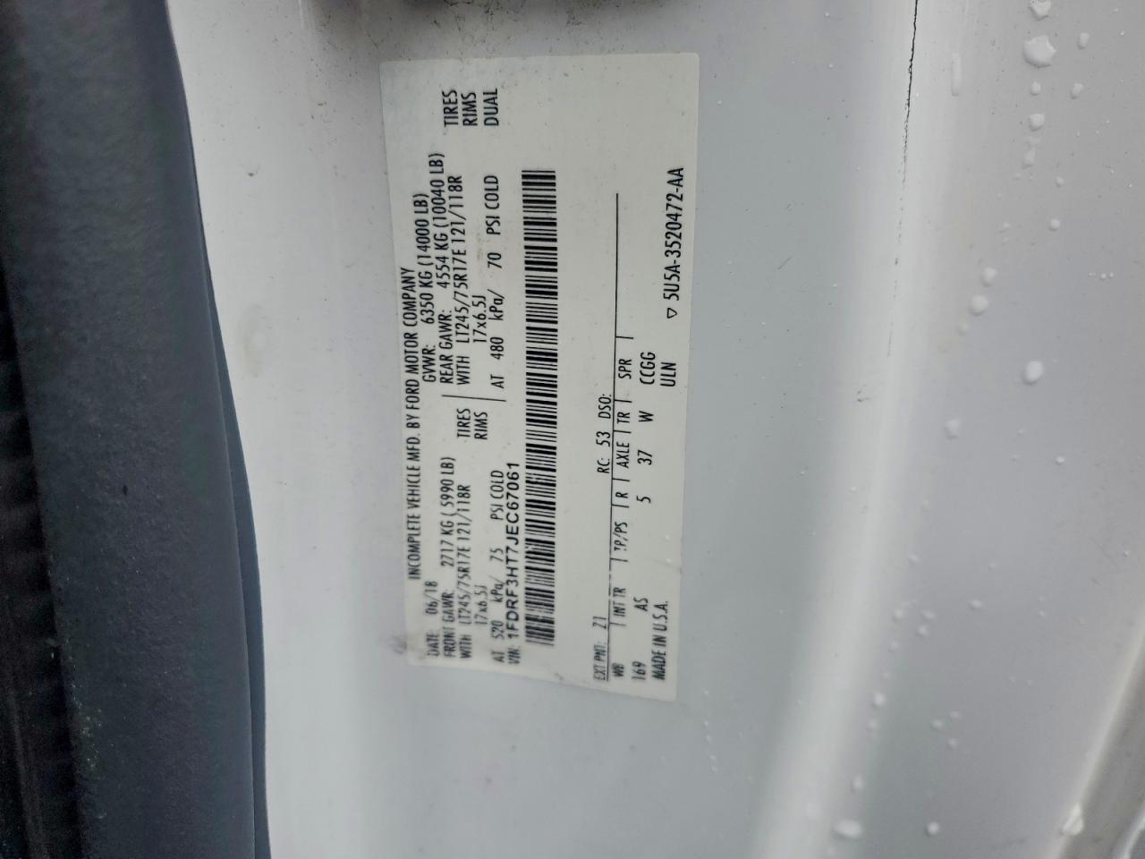 2018 Ford F350 Super Duty VIN: 1FDRF3HT7JEC67061 Lot: 94556385