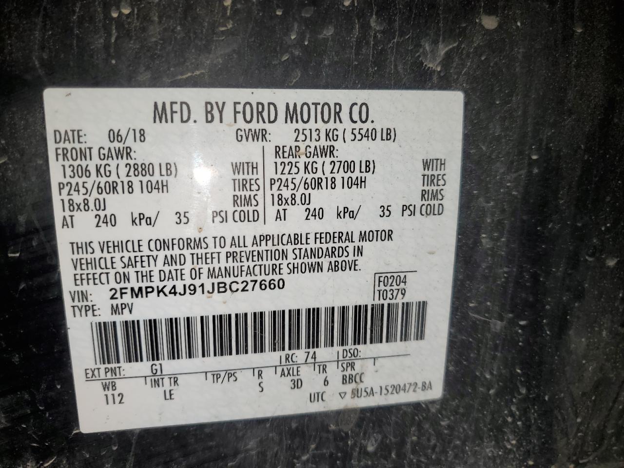 2018 Ford Edge Sel VIN: 2FMPK4J91JBC27660 Lot: 91034285