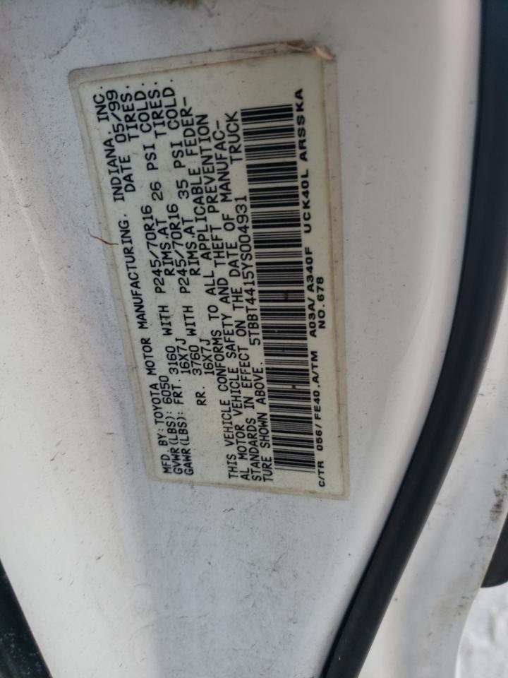 2000 Toyota Tundra Access Cab VIN: 5TBBT4415YS004931 Lot: 92441405