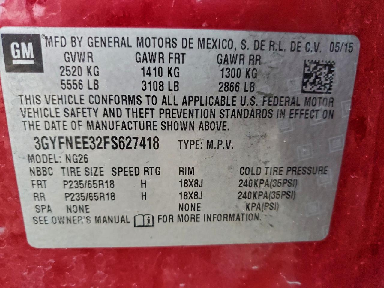 2015 Cadillac Srx Luxury Collection VIN: 3GYFNEE32FS627418 Lot: 93390385