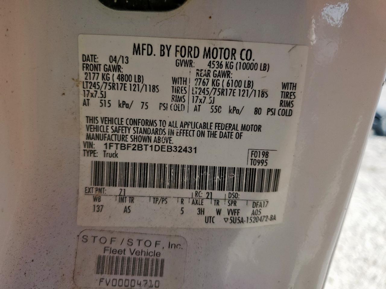 2013 Ford F250 Super Duty VIN: 1FTBF2BT1DEB32431 Lot: 91320005