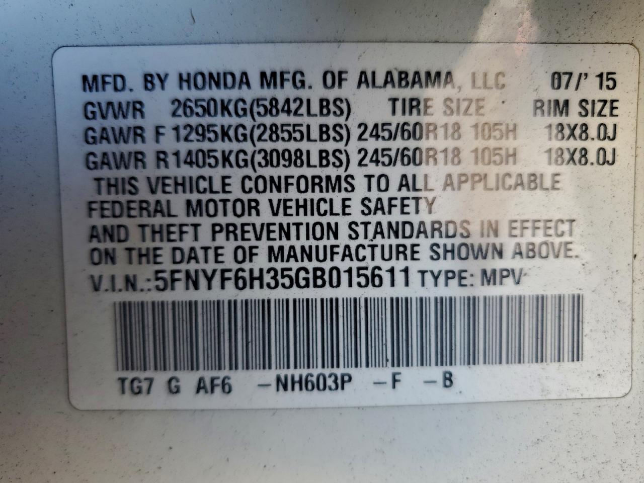 2016 Honda Pilot Ex VIN: 5FNYF6H35GB015611 Lot: 94149845
