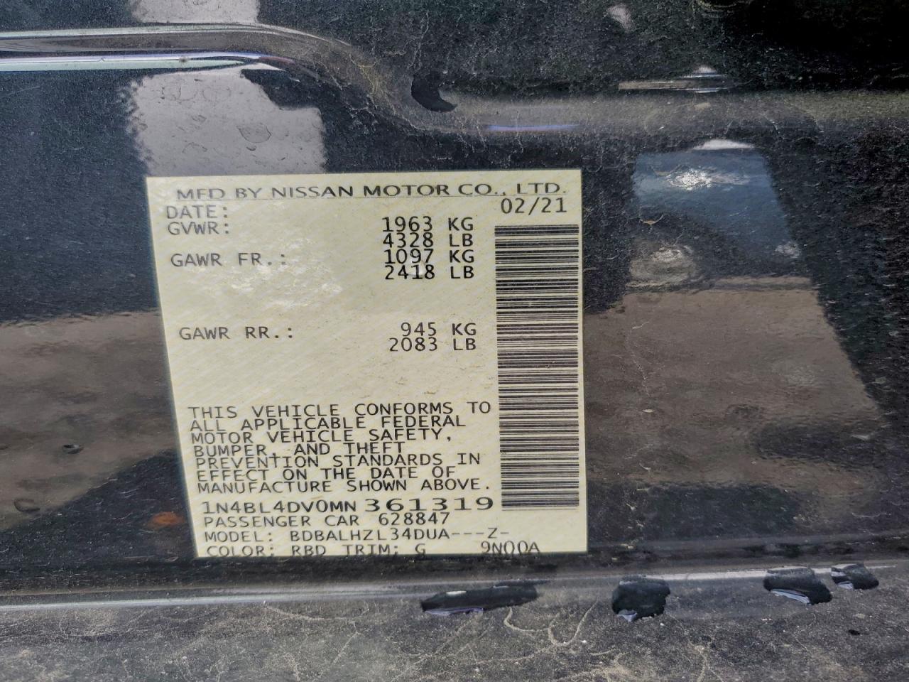 2021 Nissan Altima Sv VIN: 1N4BL4DV0MN361319 Lot: 94260105