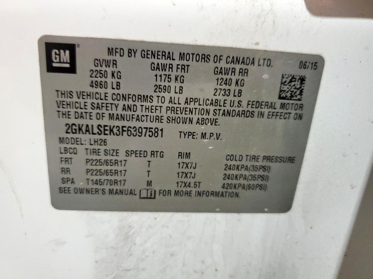 2015 GMC Terrain Slt VIN: 2GKALSEK3F6397581 Lot: 92736155